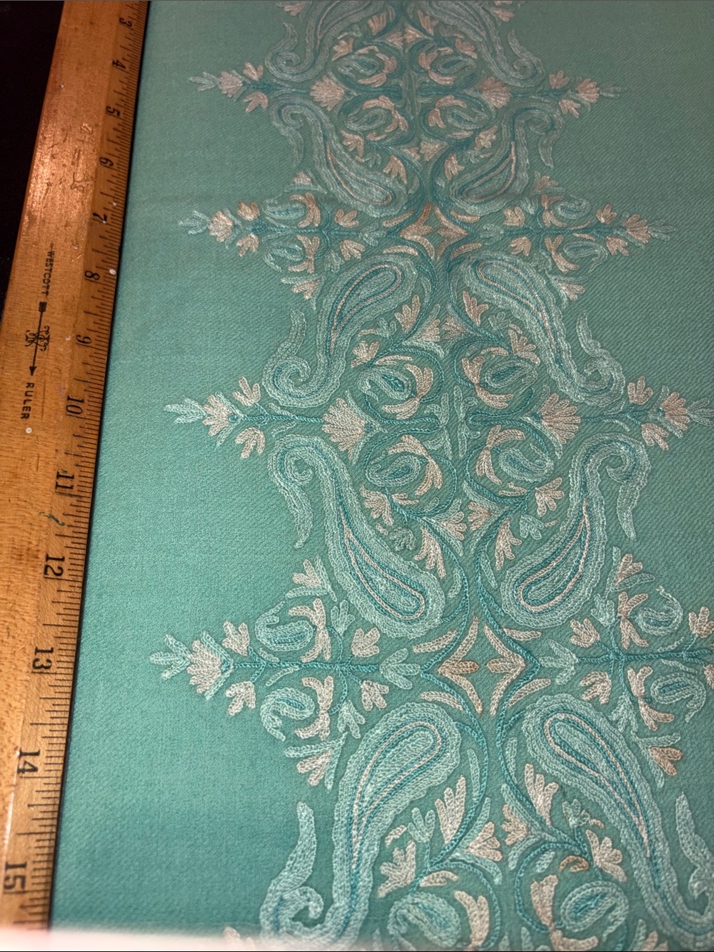 Teal Embroidered part is 35 x 7 down the middle Paisley Fabric Panel D4